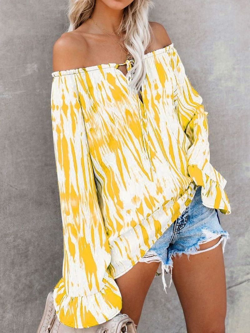 Off Shoulder Flare Sleeve Μπλοκ χρώματος Μπλούζα