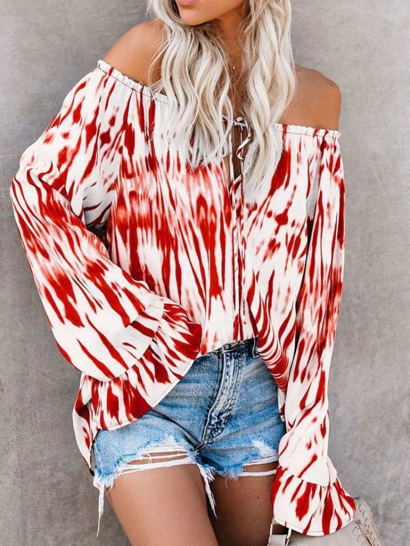 Off Shoulder Flare Sleeve Μπλοκ χρώματος Μπλούζα