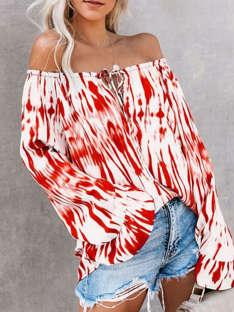 Off Shoulder Flare Sleeve Μπλοκ χρώματος Μπλούζα