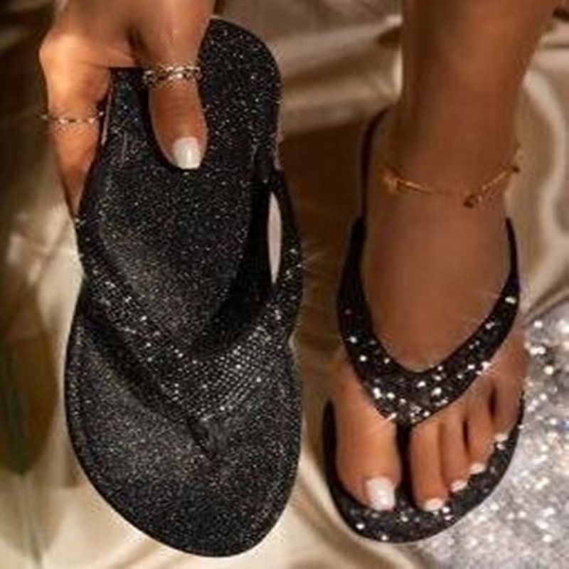 Flat With Rhinestone Thong Απλό Γυναικείες Παντόφλες