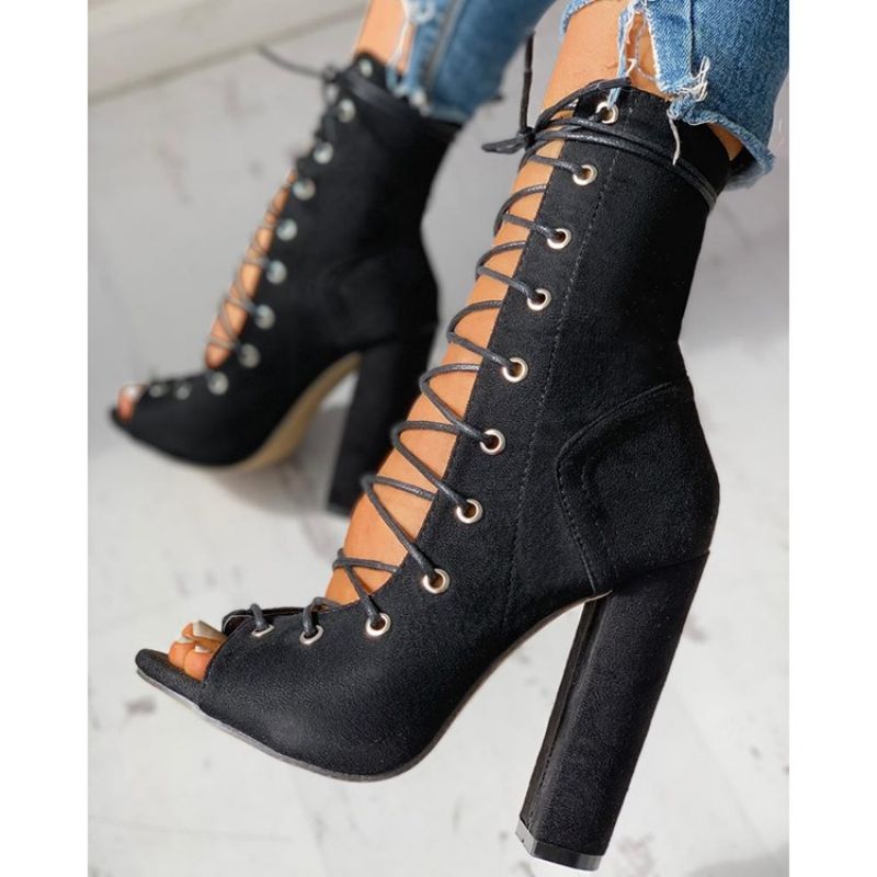 Peep Toe Chunky Heel Lace-Up Hollow Σανδάλια